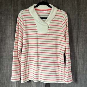 Croft & barrow white pink tan striped sweater with zipper detailed collar large